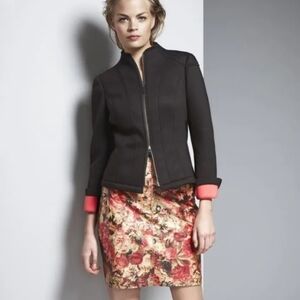 W by Worth | Tea Rose Floral Print Genuine Leather Zip Pocket Knee-Length Skirt